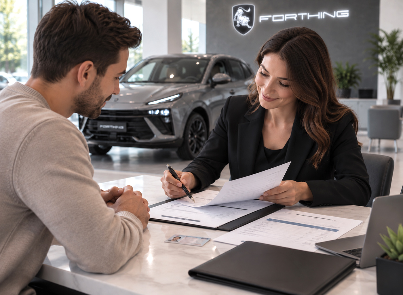 Consultant Forthing verifică împreună cu un client documentele necesare pentru dosarul de finanțare auto.