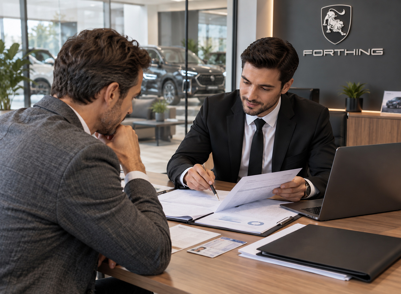 Consultant Forthing discută cu un client persoană juridică documentele necesare pentru finanțarea unei mașini, într-un birou din showroom.