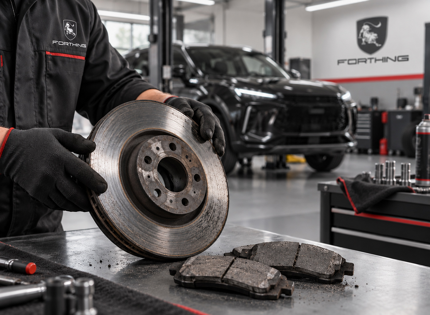 Tehnician Forthing inspectează un disc de frână și plăcuțe uzate într-un atelier service.
