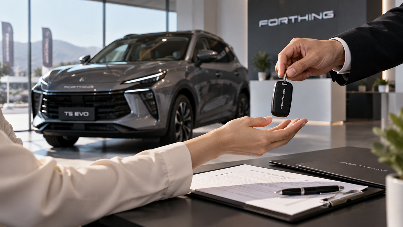 Predarea unui automobil Forthing într-un showroom modern, clientul primește cheia mașinii.