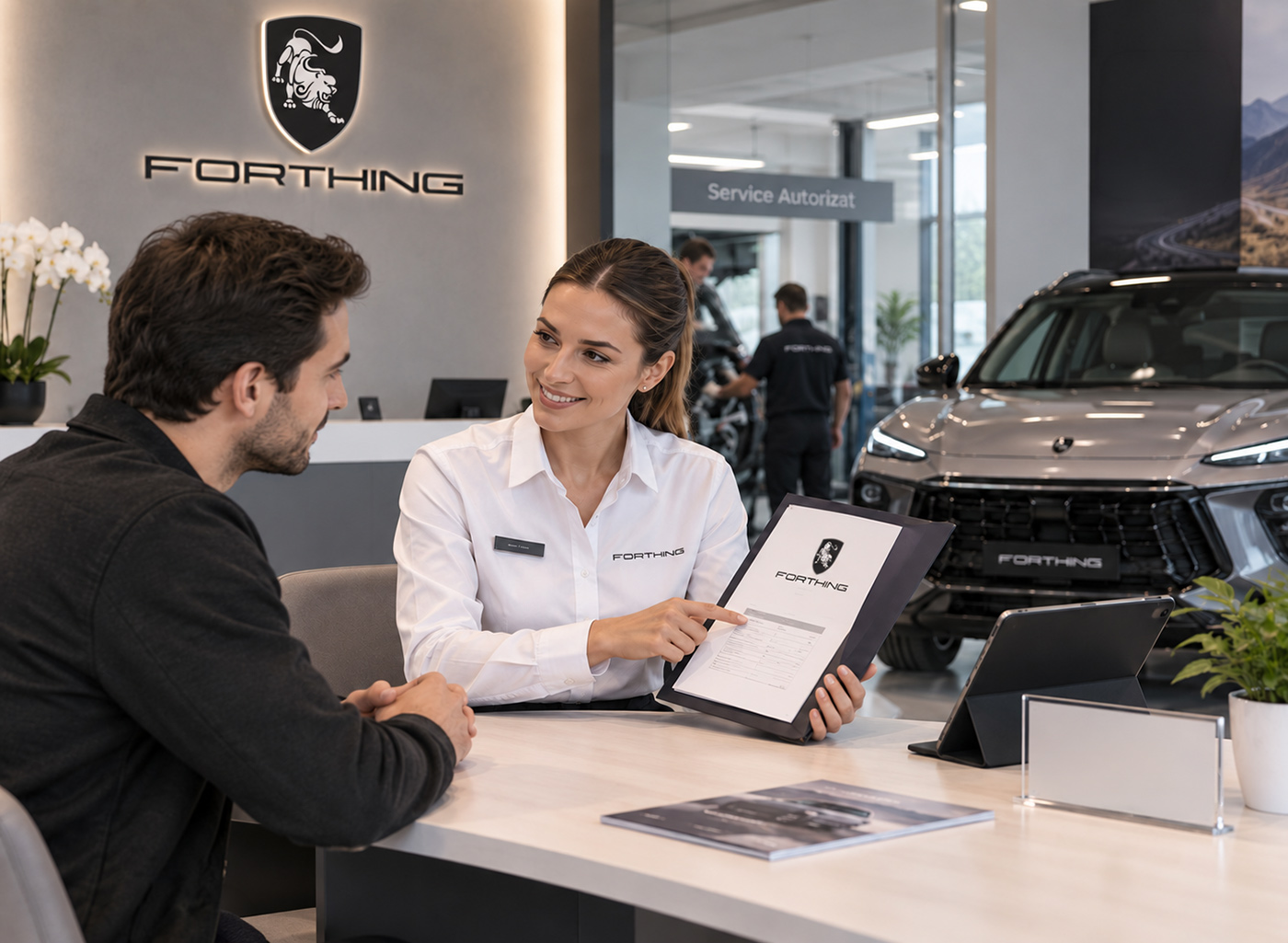 Consultant Forthing explică unui client condițiile garanției într-un showroom, cu un SUV și zona de service în fundal.
