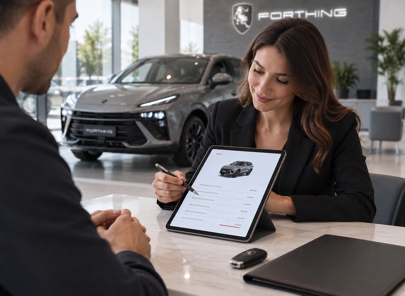 Consultant Forthing prezintă unui client oferta pentru un SUV într-un showroom, folosind o tabletă cu detaliile modelului și ale prețului.