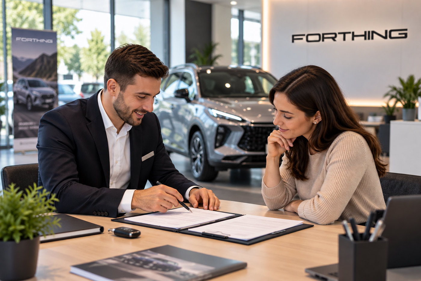 Consultant Forthing explică unei cliente documentele necesare pentru Programul Rabla într-un showroom auto.