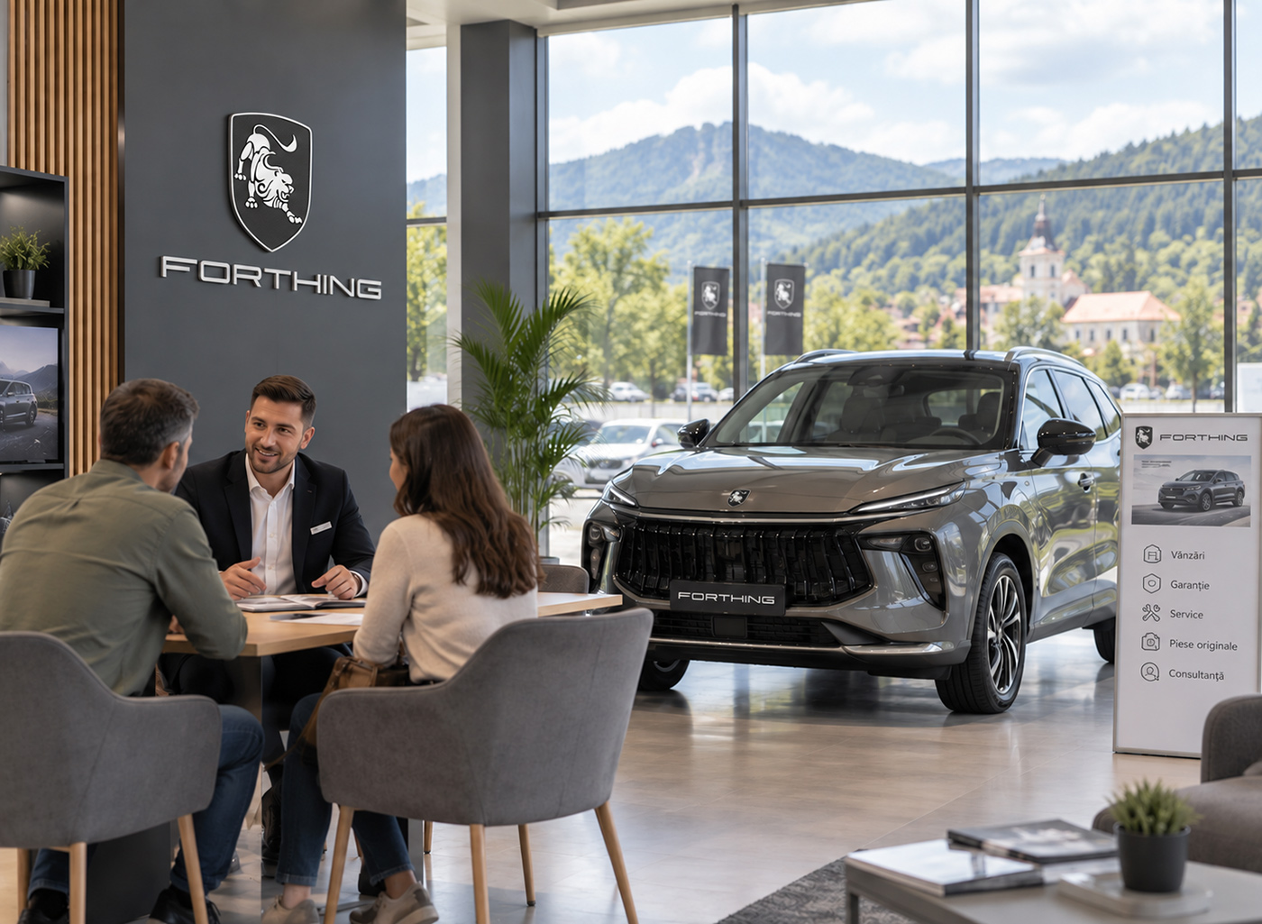 Consultant Forthing discută cu un cuplu într-un showroom auto, lângă un SUV expus, cu peisaj montan din România vizibil prin ferestre.