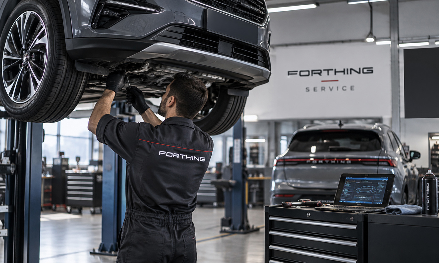 Tehnician Forthing verifică partea inferioară a unui SUV într-un service auto modern, folosind echipamente de diagnoză.
