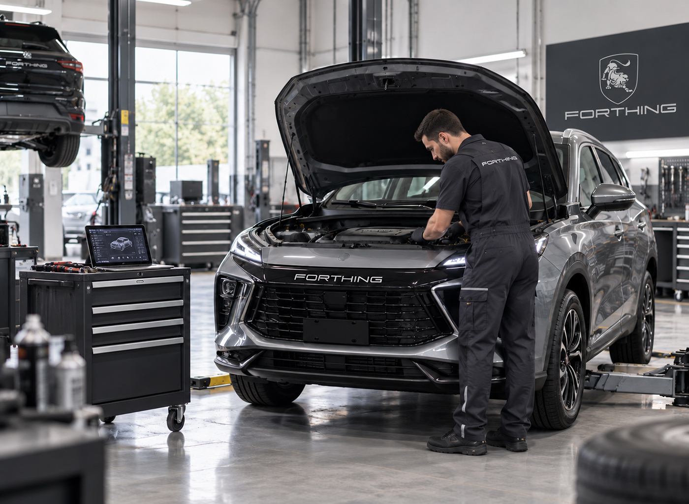 Tehnician Forthing verifică un SUV într-un atelier auto modern, în cadrul unei revizii periodice.